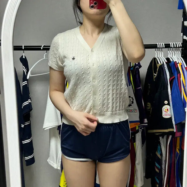 [BUNJANG] Polo Club White Cable Knit Short Sleeve Knit 95 / 폴로 클럽 화이트 꽈배기 반팔 니트 95