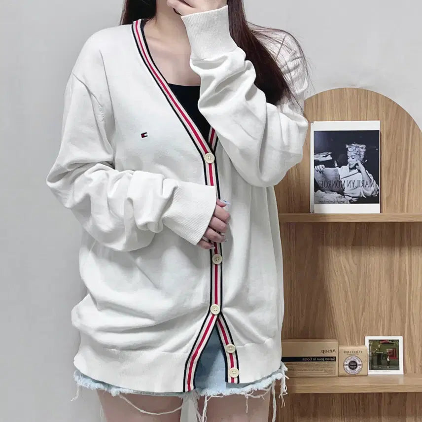 [BUNJANG] Tommy Hilfiger White Signature Colorblock V-Neck Cardigan XL / 타미 화이트 시그니처 배색 브이넥 가디건 [ XL ]