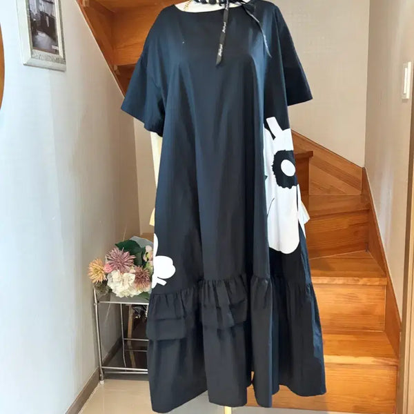 [BUNJANG] Black Floral Long Dress with Shirring Detail / 블랙 플로럴 원피스