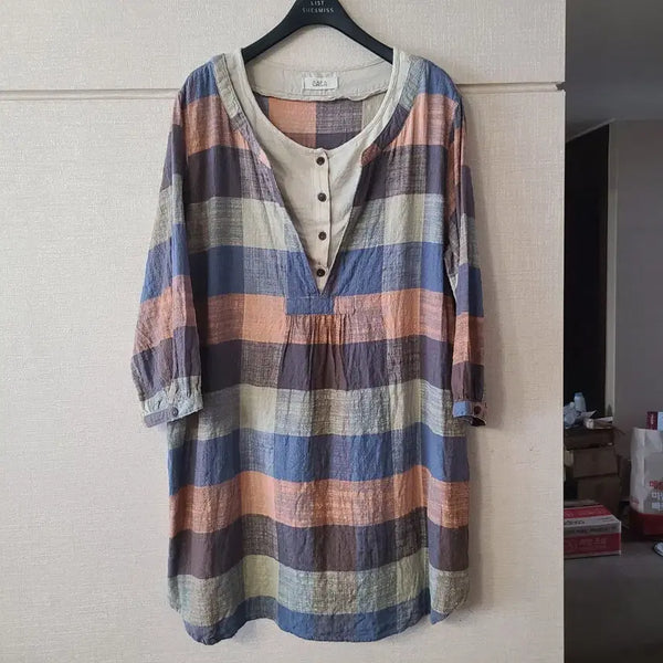 [BUNJANG] Vintage Layered Check Blouse Dress T-shirt / 일본 빈티지 레이어드 체크 5부 블라우스 원피스 티셔츠 모리걸 단추