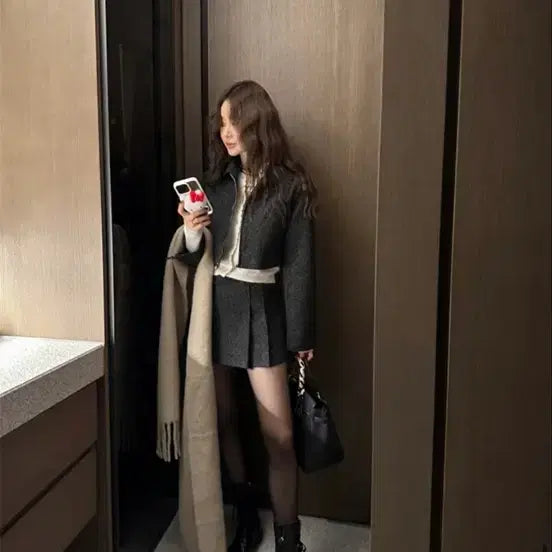 [BUNJANG] Partysu Blouson Jacket and Skirt Set / 파티수 블루종 자켓 스커트 투피스 블랙 컬러 세트 S
