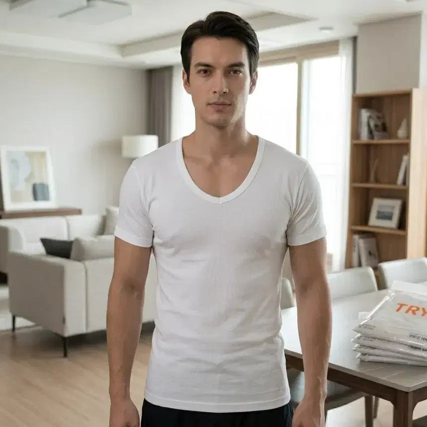 [BUNJANG] TRY Men's Basic U-Neck Short-Sleeve T-Shirt White Cotton Size L (100) / [새상품/매장판매중] 트라이(TRY) 남성 기본 U넥 반팔 티셔츠 100