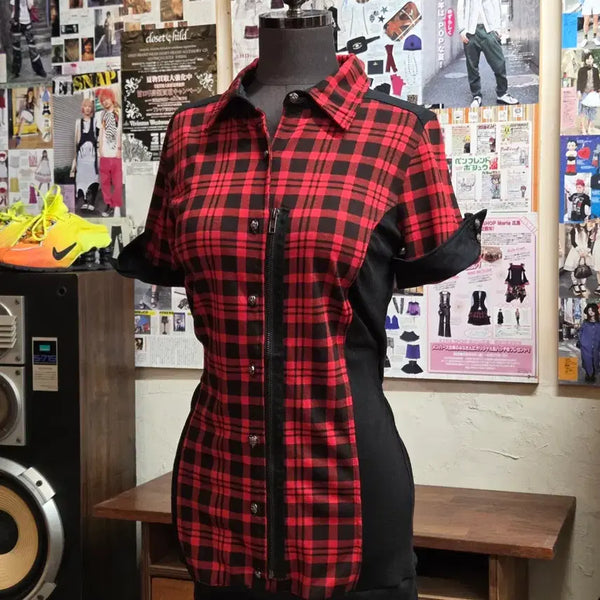 [BUNJANG] Japanese Punk Tartan Check Slim Fit Shirt Dress / JPN 펑크 체크 슬림핏 셔츠 원피스