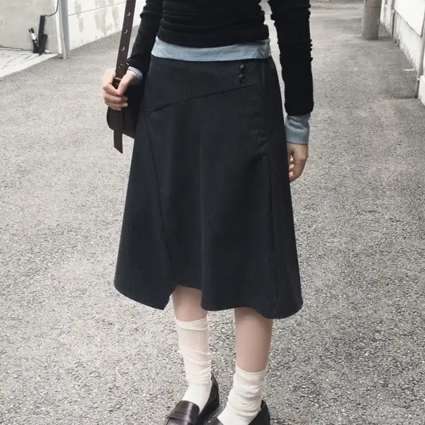 [BUNJANG] Stripe Button Midi Skirt Charcoal / 스트라이프 버튼 미디스커트 차콜
