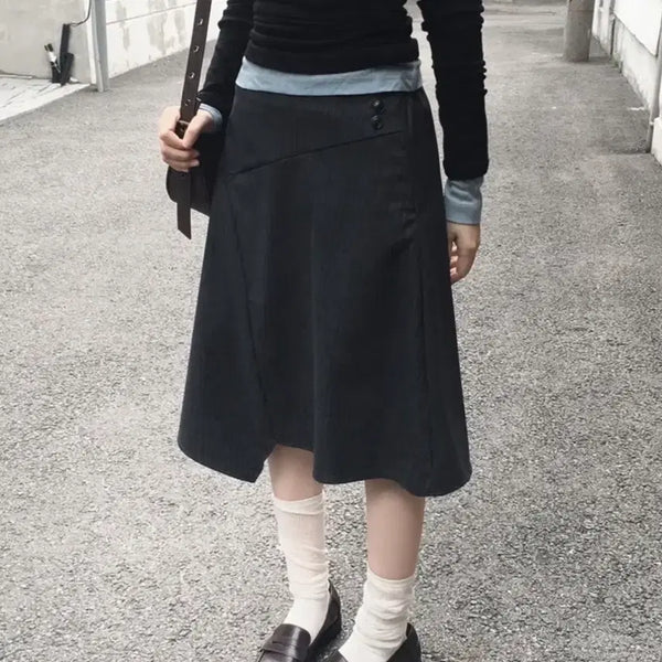 [BUNJANG] Stripe Button Midi Skirt Charcoal / 스트라이프 버튼 미디스커트 차콜
