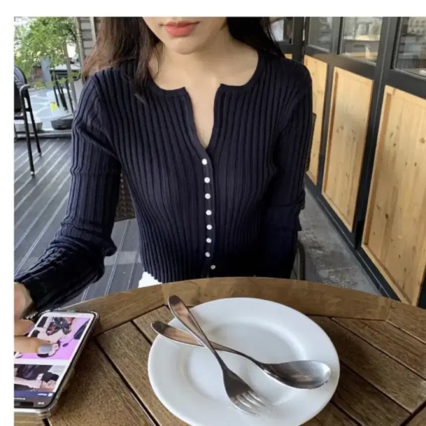 [BUNJANG] Vegetable Ribbed Crop Cardigan Navy / 베지터블 골지크롭가디건 네이비