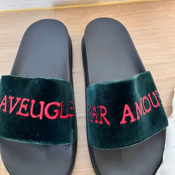 [BUNJANG] Gucci Velvet Slide Sandals Green/Red / 구찌 벨벳 슬라이드 그린/레드