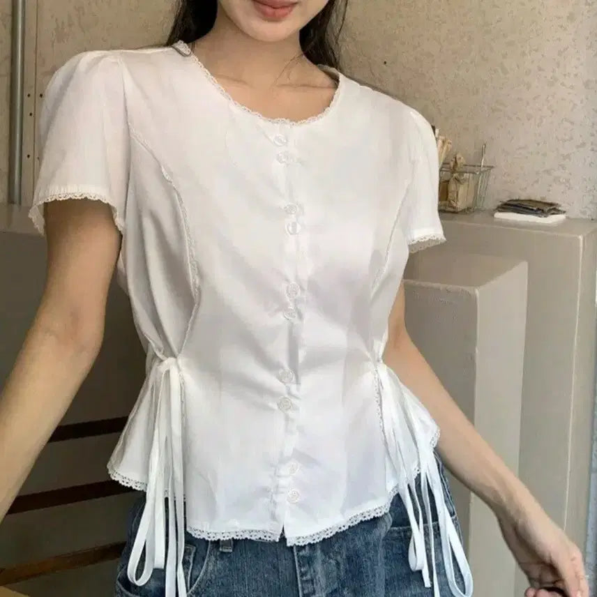 [BUNJANG] Shein White Short Sleeve Blouse - Size M / 쉬인 반팔 블라우스(새상품)