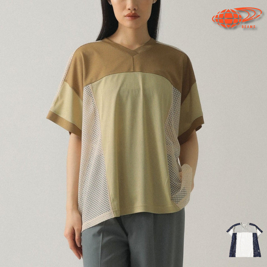 [BUNJANG] Ray BEAMS Mesh Contrast V-Neck Oversized T-Shirt / 레이 빔즈 메쉬 배색 브이넥 빅 티셔츠