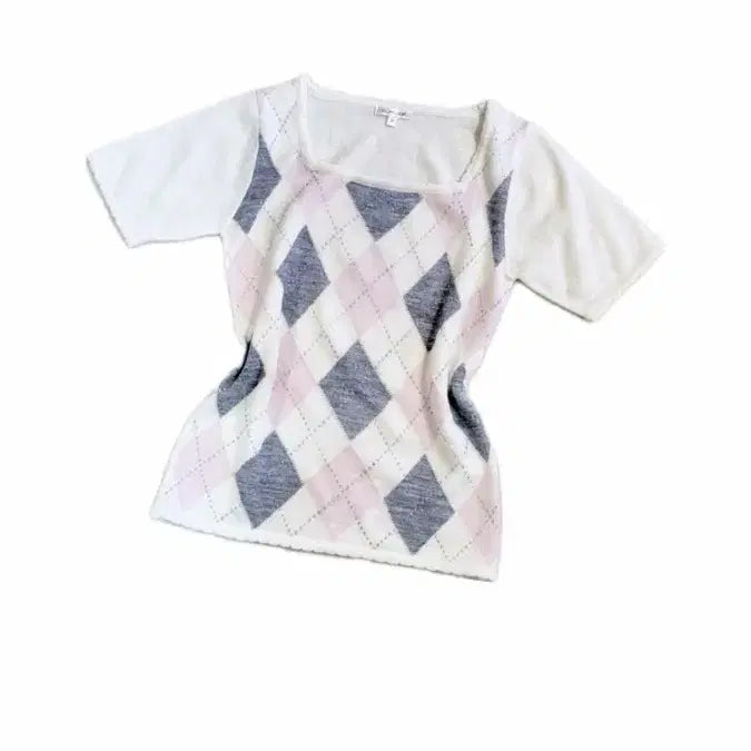 [BUNJANG] Glacier Argyle Plaid Square Neck Short Sleeve Knit Top / Glacier) 체크 패턴 스퀘어넥 반팔 니트 아가일 일본 빈티지