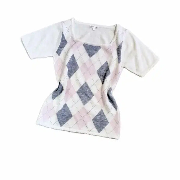 [BUNJANG] Glacier Argyle Plaid Square Neck Short Sleeve Knit Top / Glacier) 체크 패턴 스퀘어넥 반팔 니트 아가일 일본 빈티지
