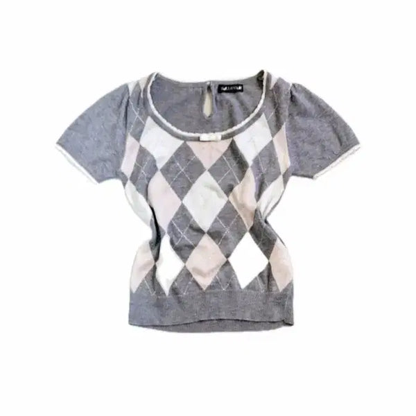 [BUNJANG] Bellevah Argyle Pattern Grey Japanese Vintage Short Sleeve Knit / Bellevah) 아가일 패턴 그레이 일본 빈티지 반팔 니트