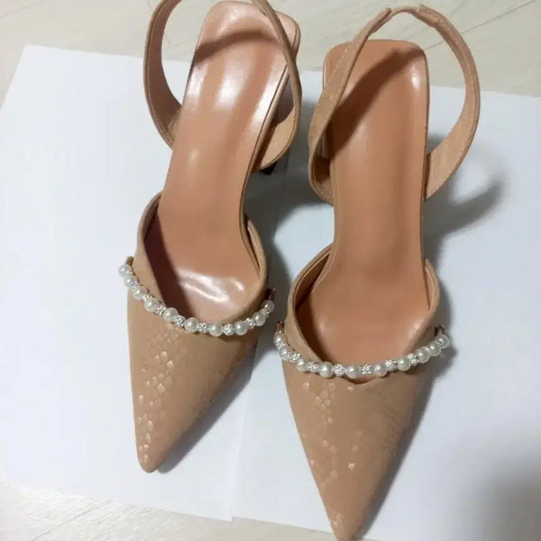 [BUNJANG] Beige Snakeskin Pearl Strap Heels (Size 38, 7cm Heel) / (새상품) 베이지 뱀피 진주 스트랩 힐. 38. 높이 7cm