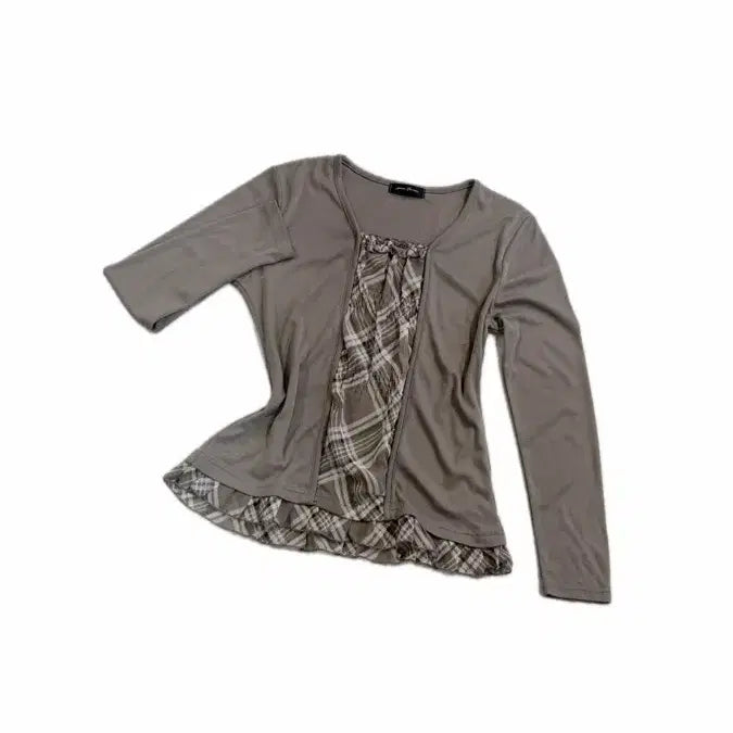 [BUNJANG] Gene Luxue Mocha Brown Check Frill Square Neck Long Sleeve Vintage Top / gene luxue) 모카 브라운 체크 프릴 스퀘어넥 긴팔 일본빈티지