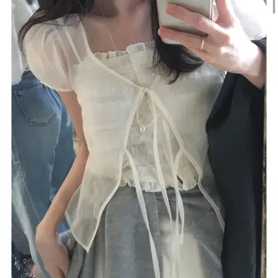 [BUNJANG] See-Through Ribbon Puff Sleeve Blouse Set / 시스루 리본 퍼프 소매 블라우스 세트