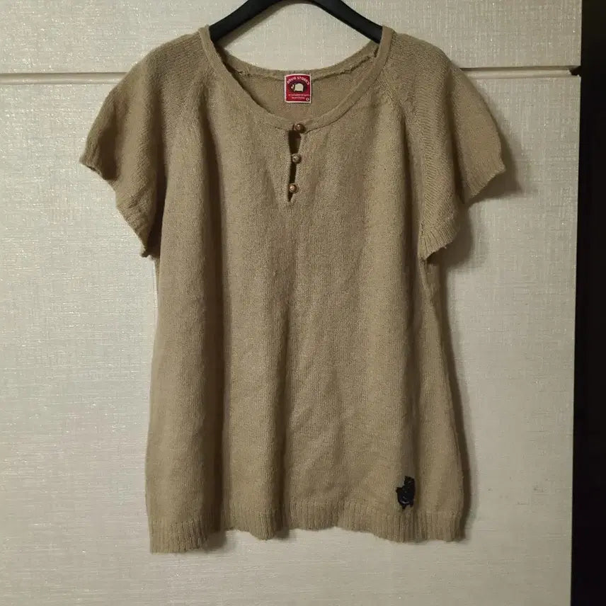 [BUNJANG] Japanese Vintage Drug Store Mori Girl Pig Embroidery Knit T-Shirt / 일본빈티지 드럭스토어 drug store's 반팔 니트 모리걸 돼지 자수