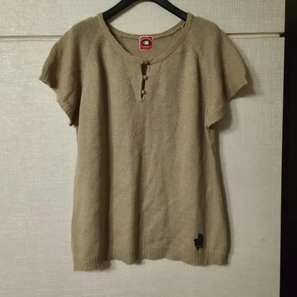 [BUNJANG] Japanese Vintage Drug Store Mori Girl Pig Embroidery Knit T-Shirt / 일본빈티지 드럭스토어 drug store's 반팔 니트 모리걸 돼지 자수