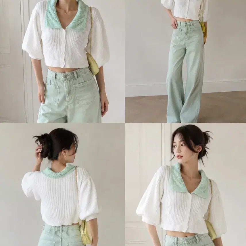 [BUNJANG] Maje Balloon Crop Cardigan Mint Edge / 마쥬 벌룬 크롭 가디건 . 민트카라