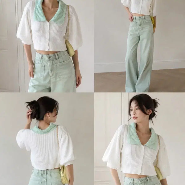 [BUNJANG] Maje Balloon Crop Cardigan Mint Edge / 마쥬 벌룬 크롭 가디건 . 민트카라