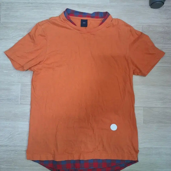 [BUNJANG] MVIO Orange Check Color Block Short Sleeve T-Shirt / MVIO 오렌지 체크 배색 반팔 티셔츠 100