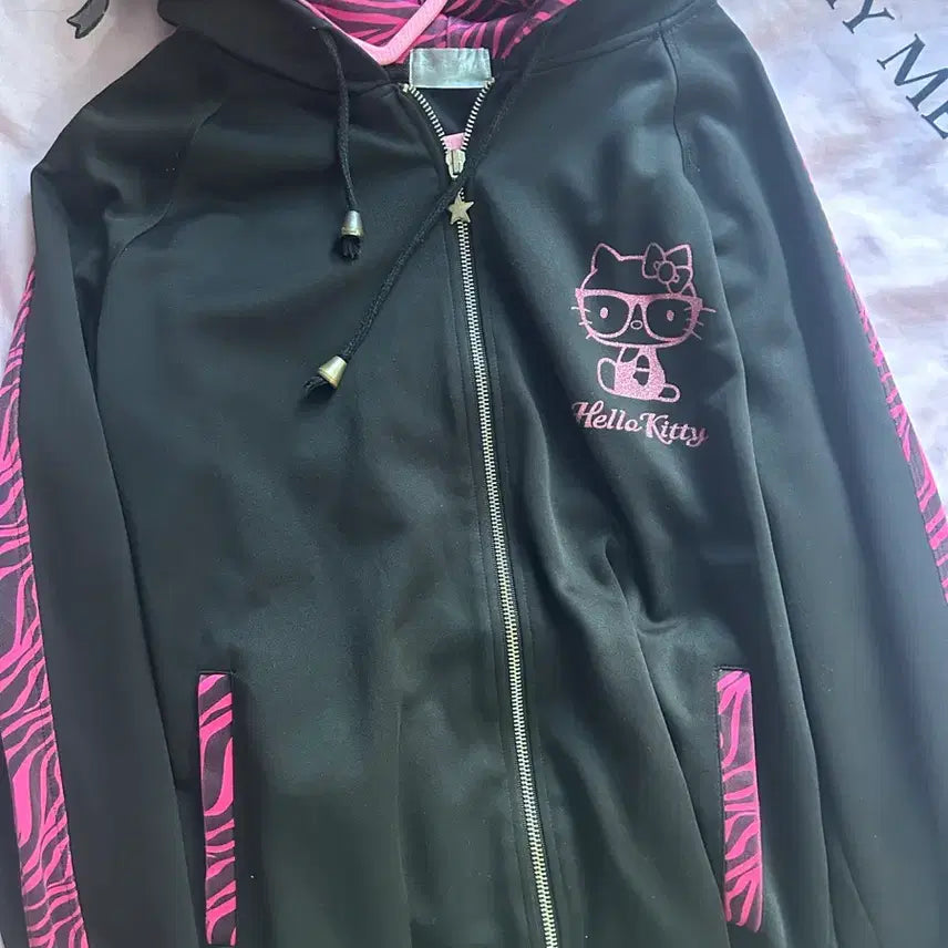 [BUNJANG] Hello Kitty Vintage Leopard Print Hoodie Zip-Up / 빈티지 안경 헬로키티 호피 후드집업