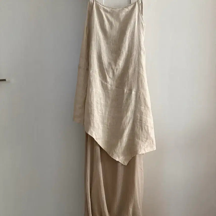 [BUNJANG] Andrea Rosati Beige Linen & Chiffon Layered Wrap Dress / 안드레아 로사티 베이지 린넨+실폰 나시 원피스