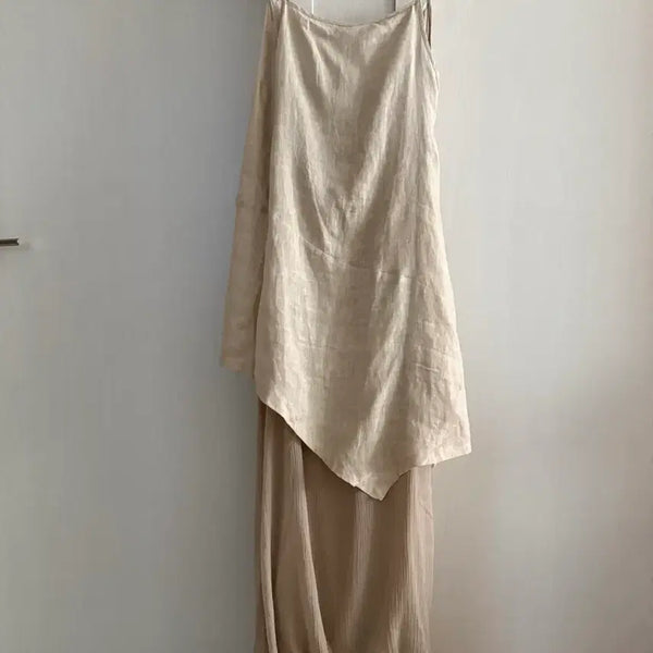 [BUNJANG] Andrea Rosati Beige Linen & Chiffon Layered Wrap Dress / 안드레아 로사티 베이지 린넨+실폰 나시 원피스