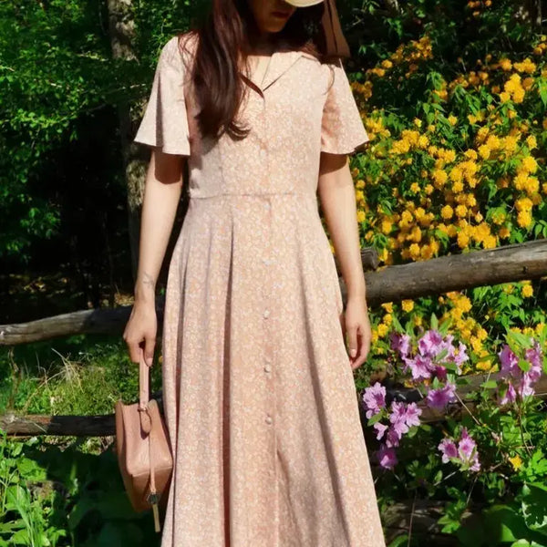 [BUNJANG] MINTA RETRO Floral Flare Dress Apricot Beige / 민타 레트로 플로럴 원피스