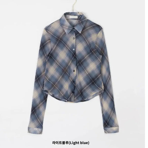 [BUNJANG] Check Crop Shirt - Blue / 체크 크롭셔츠 블루