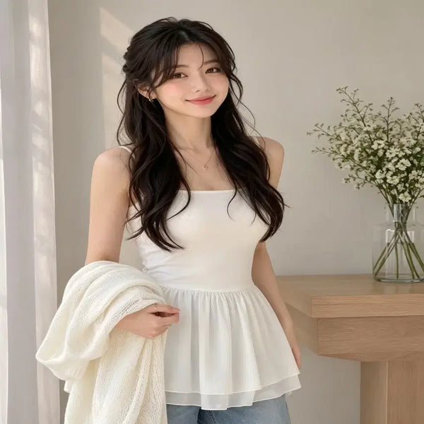 [BUNJANG] White Peplum Sleeveless Blouse with Built-in Padded Cups and Adjustable Straps / 새상품 화이트 페플럼 나시 블라우스 | 가슴패드내장 | 끈조절 가능ㅡ무배