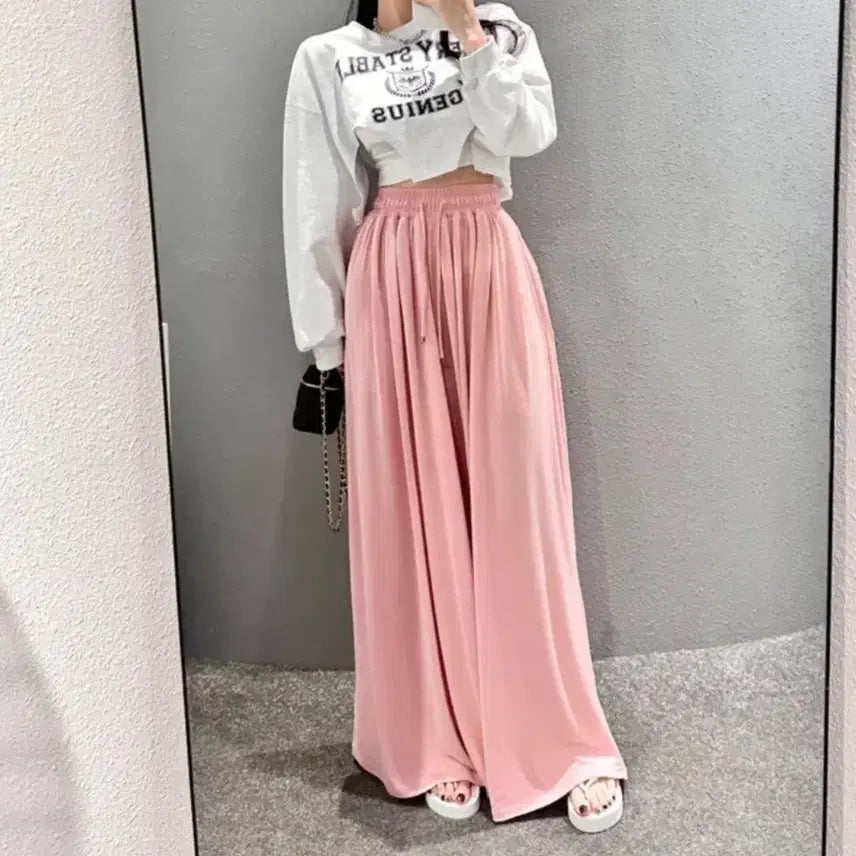 [BUNJANG] Holy Gorgeous Maxi Flowy Long Wide Training Pants - Pink / 새상품 홀리 자체제작 고져스 맥시 찰랑 롱 와이드 훌 트레이닝팬츠  핑크