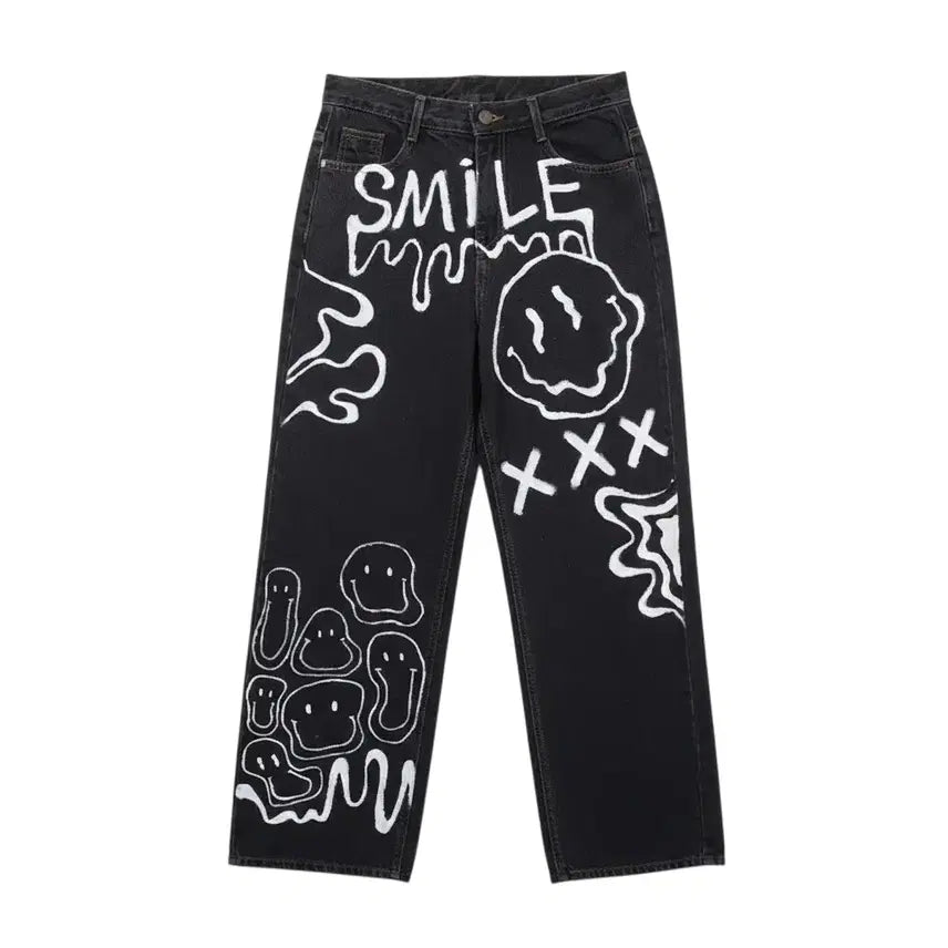 [BUNJANG] Unique Character Painting Black Denim Pants (Women's M) / 여성M/ 유니크 캐릭터 페인팅 흑청 바지 팬츠 22-17