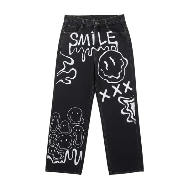[BUNJANG] Unique Character Painting Black Denim Pants (Women's M) / 여성M/ 유니크 캐릭터 페인팅 흑청 바지 팬츠 22-17