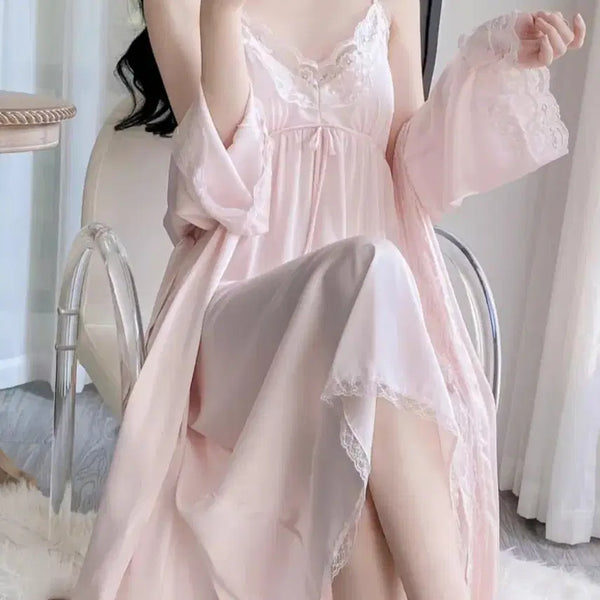 [BUNJANG] Women's Satin Lace Pajama Set - Pink Silk Style (L) / 여성 잠옷 세트 새틴 레이스 핑크 실크스타일 시원한 M
