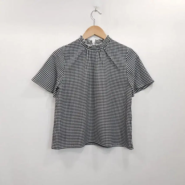 [BUNJANG] Vintage Check Pattern Frill Mori Girl Half-Sleeve Blouse - Size S / 빈티지 체크 패턴 프릴 모리걸 하구미룩 반팔 블라우스 여S R310