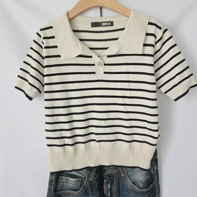 [BUNJANG] BNX Striped Short Sleeve Knit Top Ivory/Black / BNX 스트라이프 반팔 카라 니트 아이보리 블랙 단가라 F