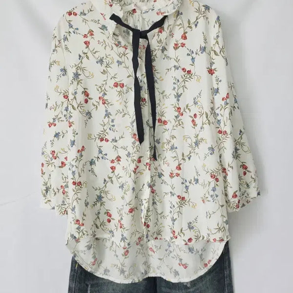 [BUNJANG] Soup Women's Flower Ribbon Blouse Ivory / soup 숩 여성 플라워 리본 블라우스 아이보리 쉬폰 하객룩 데일리룩 F