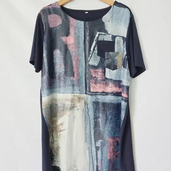 [BUNJANG] Women's L Navy Printed Short-Sleeve T-Shirt / 여성 L 프린팅 반팔 티셔츠 네이비 찰랑 신축 시원한 원단
