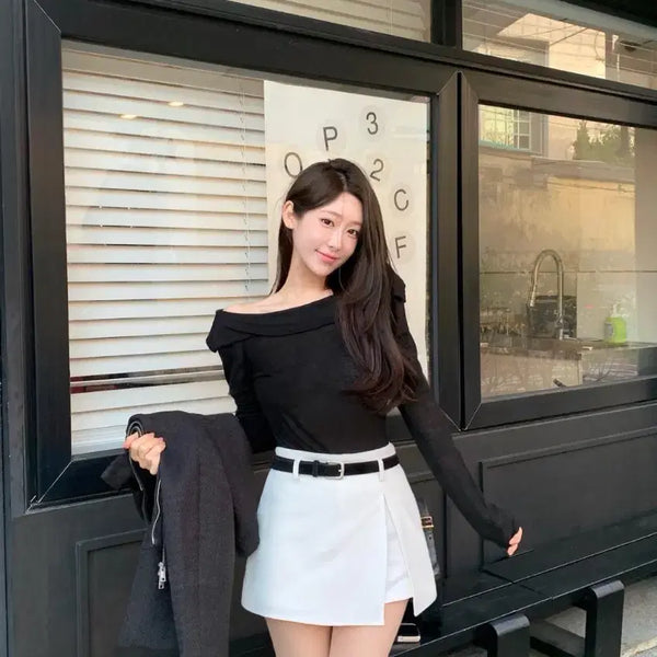 [BUNJANG] Venoix Off-Shoulder Long Sleeve T-Shirt / [새상품]비누아 롱 슬리브 티 오프숄더 오프넥 블랙 화이트 소라 여친룩
