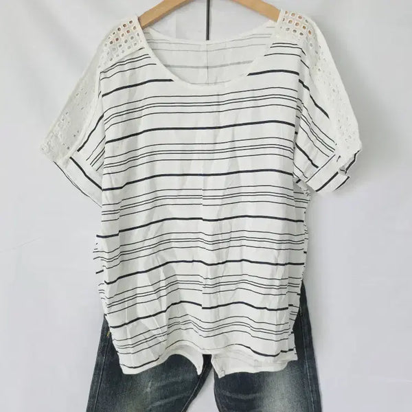 [BUNJANG] Women's Linen Stripe T-Shirt Boxy Fit / 여성 린넨 스트라이프 티셔츠 박시핏 아이보리 네이비 66 77