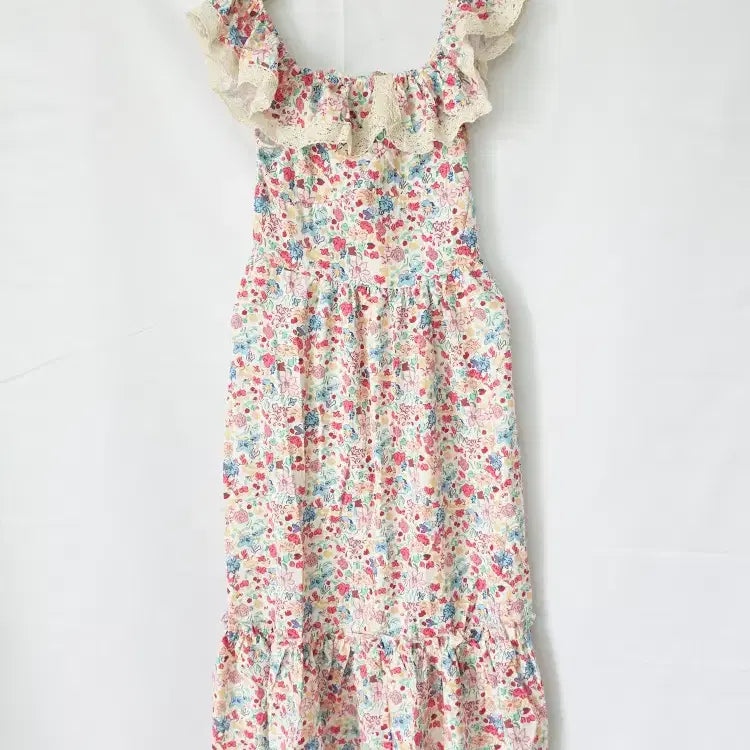 [BUNJANG] Flower Pattern Long Dress with Chest Banding and Lace Frill Detail / 새상품 플라워 롱원피스 프리 55 66 가슴밴딩 원피스
