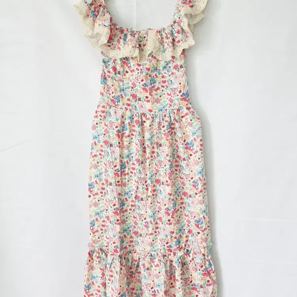 [BUNJANG] Flower Pattern Long Dress with Chest Banding and Lace Frill Detail / 새상품 플라워 롱원피스 프리 55 66 가슴밴딩 원피스