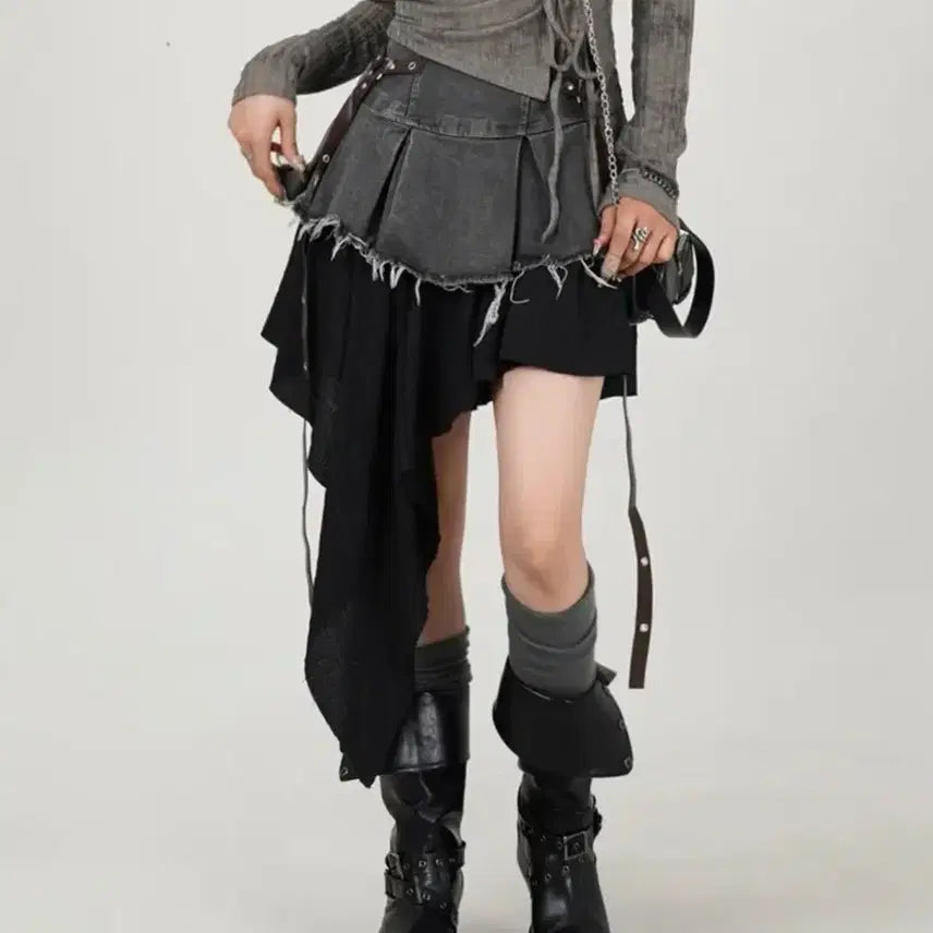 [BUNJANG] Asymmetrical Denim Layered Skirt / 언발 데님치마 레이어드 스커트 L