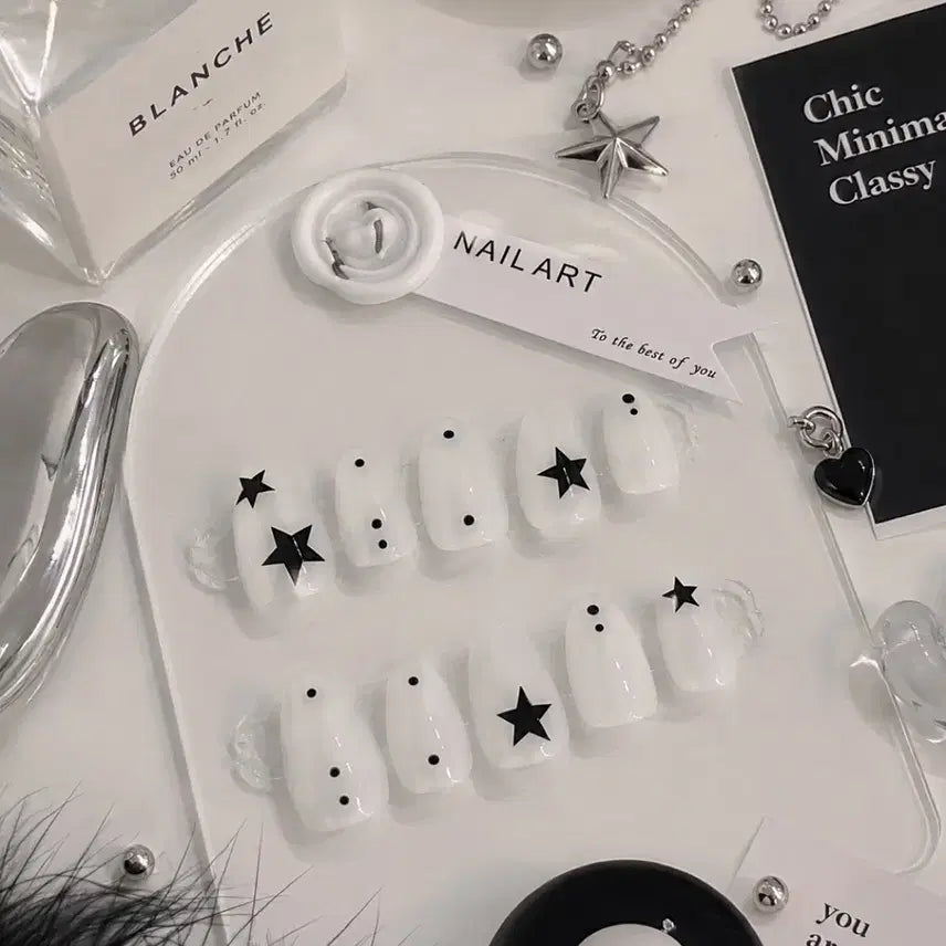 [BUNJANG] Handmade Star Dot White Syrup Gel Nail Tips / 별 도트 화이트 시럽젤 수제네일팁
