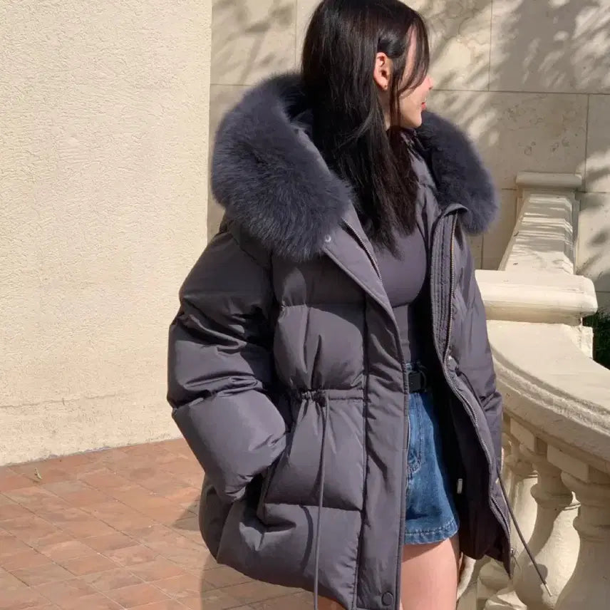 [BUNJANG] Reves City 25FW Logo Fox Padding Charcoal / 25FW 레브시티 로고 폭스패딩 챠콜