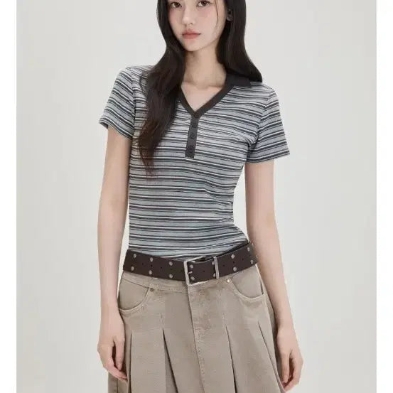 [BUNJANG] Mixxo Striped Short-Sleeve Knit Top / 미쏘 mixxo 스트라이프 반팔 니트