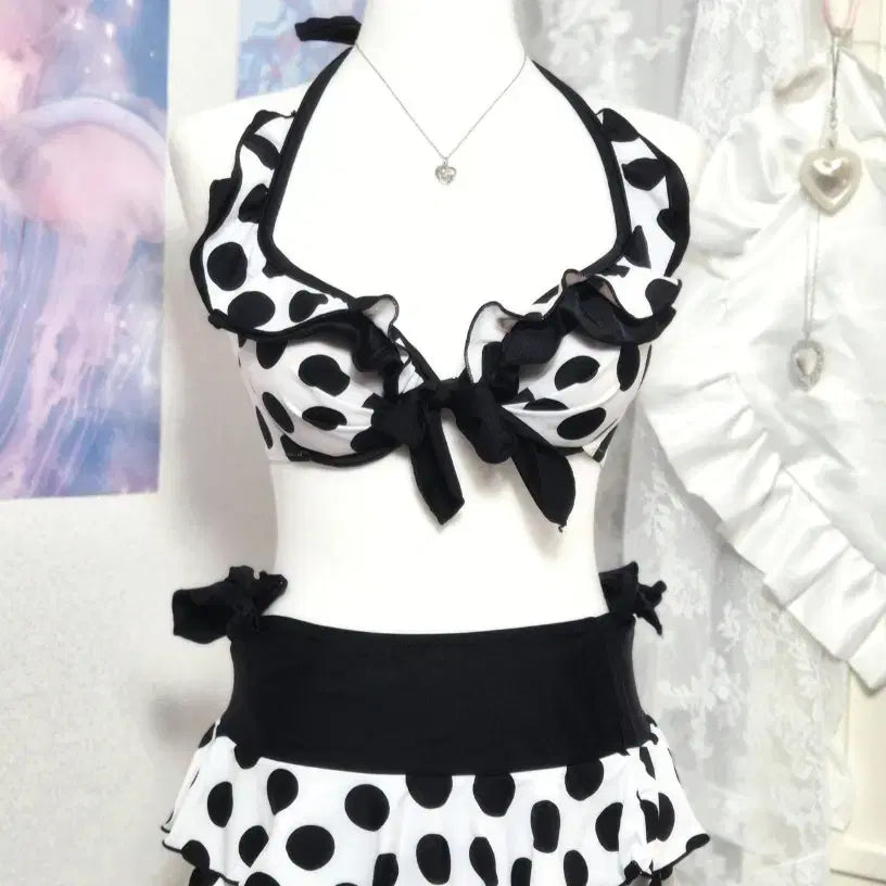 [BUNJANG] Dot Ribbon Frill 3-Piece Bikini Swimsuit / 도트 리본 프릴 3피스 비키니 수영복 오네갸루 히메갸루 갸루비키니