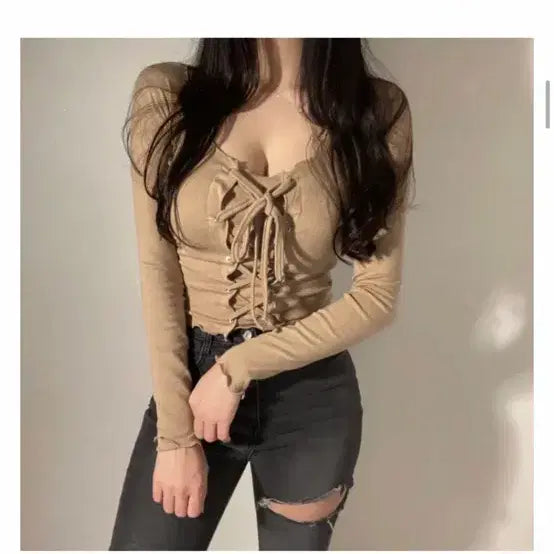 [BUNJANG] Lace-up Strap Crop Tank Top Beige / 레이스업 끈 나시 크롭티 베이지 새상품