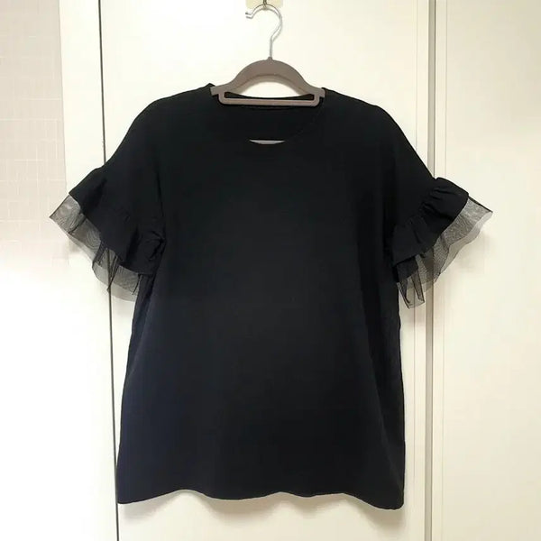 [BUNJANG] Black Double Shirring Mesh Bell Sleeve Short Sleeve T-shirt (Up to Size 77) / 블랙 이중셔링 망사 나팔소매 반팔 티셔츠(~77사이즈)
