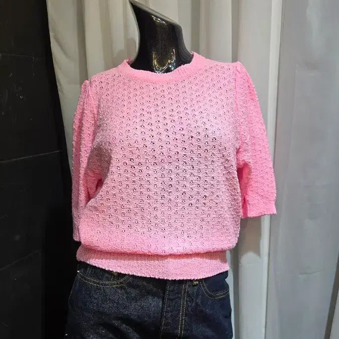 [BUNJANG] Pink Shoulder Shirring Short Sleeve Knit / 핑크 어깨셔링 반팔 니트